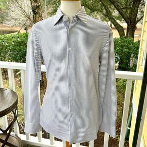 Pal Zileri Striped Dress Shirt. Size 17/EU43. Brown and navy textured stripes.